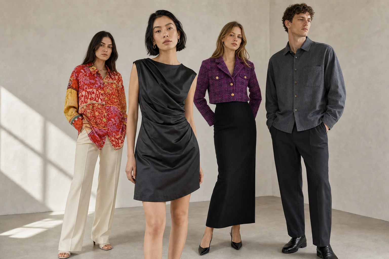Four models presenting selected Hongqian dresses, shirts, outerwear and menswear