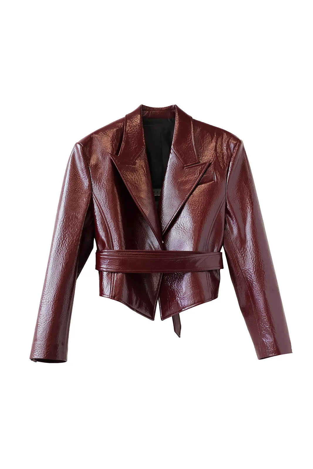 burgundy belted PU jacket